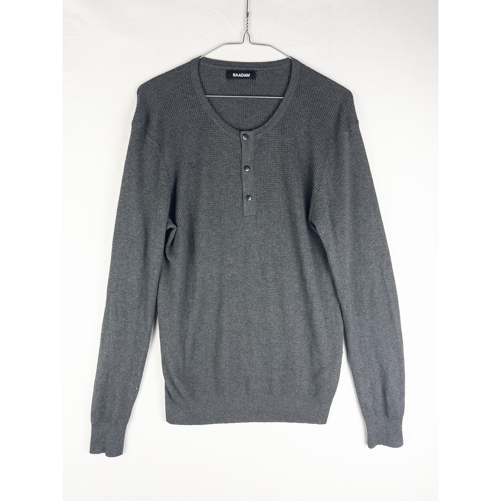 Naadam Henley Pullover Mens M Gray Waffle Knit Silk Cashmere Casual Long Sleeve